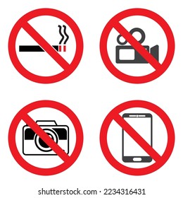 Photo, video and phone prohibition symbol sign set. No photographing and filming prohibit icon logo collection. Vector illustration image. Isolated on white background.