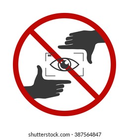 Photo or video is prohibited sign. No photo sign with framing fingers and eye inside. Vector illustration.