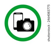 photo video recording allowed, digital camera and mobile phone in green circle pictogram, round vector icon