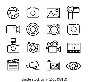 Photo and video set icons thin line. Photography icon. Photo camera icon. Diaphragm icon. Vector illustration.