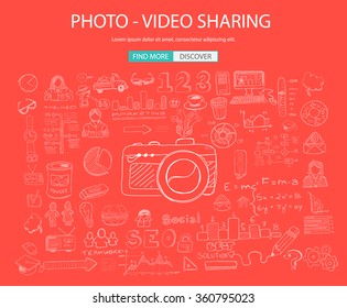 Photo Video Sharing concept with Doodle design style: online solution, social media campain, creative ideas,Modern style illustration for web banners, brochure and flyers.