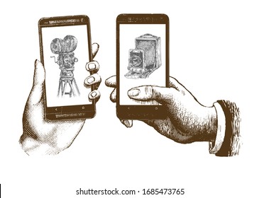 Photo and video shooting on smartphone. Hand holding a touch modern smartphone with vintage photo camera and retro movie Camera. Engraving style vector lineart Hand drawn doodle illustration