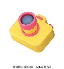 Photo video yellow camera with lens and button multimedia content app 3d icon realistic vector illustration. Photographing optical technology focus exposure flash gadget picture image equipment badge