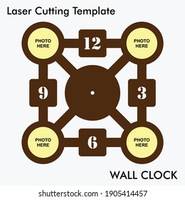 Photo Wall Clock Laser cutting file of decent geometric design wall clock with option of 4 photos for wall and home decor. Vector photo wall clock mockup for mdf and acrylic cutting.