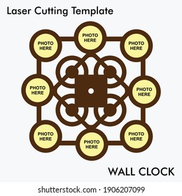 Photo Wall Clock Laser cutting file of wall clock with option of 8 photos for wall and home decor. Geometric design. Vector photo wall clock mockup template for mdf and acrylic cutting.