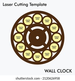 Photo Wall Clock Laser cutting file of wall clock with option of 12 photos for wall and home decor. Vector photo wall clock mockup for mdf and acrylic cutting.