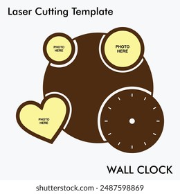 Photo Wall Clock Laser cutting file with option of 3 photos for wall and home decor. Gift Idea for valentines day and wedding. Vector photo wall clock mockup for mdf and acrylic cutting.