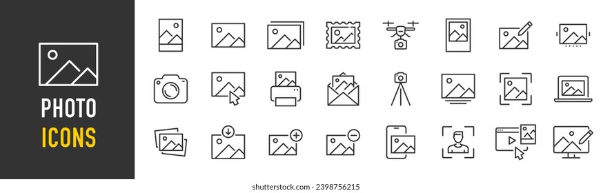 Photo web icons in line style. Photography, camera, print, photo card, collection. Vector illustration.	