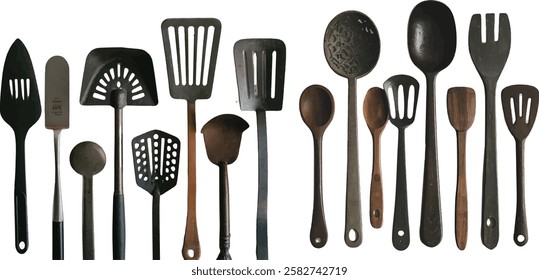 A photo of a white background with several old, .The spatula have different shapes, sizes, and designs. 