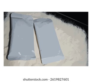 photo of white sachet, with cream and blue sand background, with some shells, this photo can be used for commercial or other projects