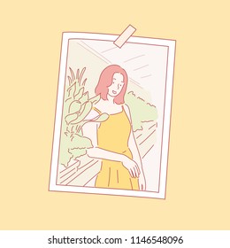 A photo of a woman in a botanical garden. hand drawn style vector design illustrations.