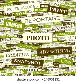 PHOTO. Word cloud concept illustration. Graphic tag collection. Wordcloud collage with related tags and terms. 