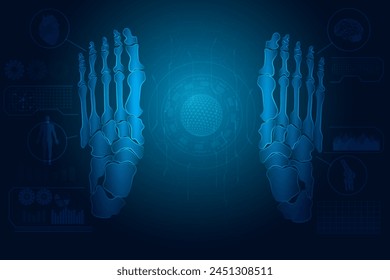 Photo of X-ray of both human foot. A blue background with a foot and on it. The foot is shown in detail with a blue outline.