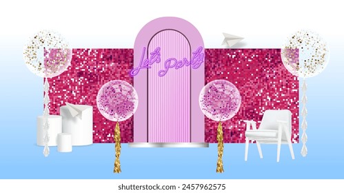 Photo zone for a birthday or a party. A banner for social networks with cute balloons.