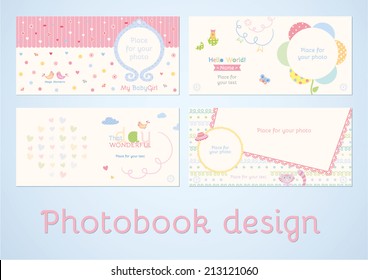 Photoalbum design. Photobook design. Set of double pages design for photoalbum in vector. Scrapbooking elements with space for text and photo