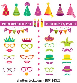 Photobooth Birthday and Party Set - glasses, hats, crowns, masks, lips, mustaches - in vector