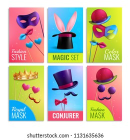 Photobooth cards set with masks and hats realistic isolated vector illustration