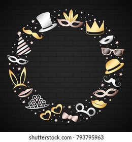 Photobooth, carnival or birthday - background with funny costumes and copyspace. Vector.