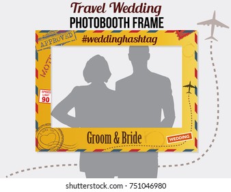 Photobooth frame Travel wedding theme for groom, bride and guests with hashtag for sharing the photo. Yellow vector template with stamps, airplane and signs.