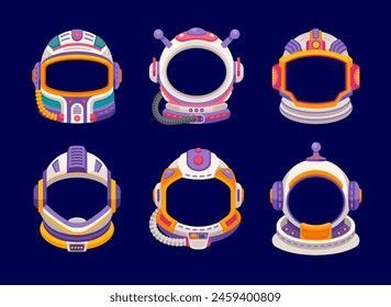 Photobooth kids astronaut space helmets. Cartoon vector set of cosmonaut or shuttle pilot costume headwear with glass visor and antenna. Protective wear for spaceman travel in open space or galaxy