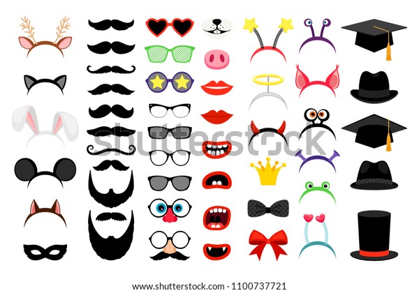 Photobooth party elements. Vector funny\
face masks and clown nose and glasses, vintage party hats and\
birthday costume bunny ears isolated on white\
background