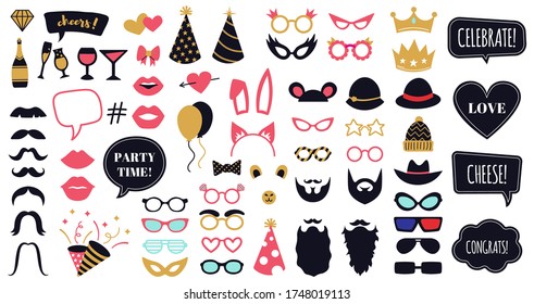 Photobooth party props. Funny face masks, glasses, crown, beard and bunny ears, celebration day speech bubble frames vector illustration set. Masquerade costume collection, beard and haircut