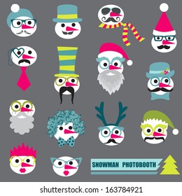 Photobooth Snowman Party set - Glasses, hats, lips, mustache, masks - in vector