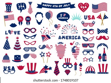 Photobooth USA patriotic props. Celebration photobooth mask, American glasses, mustache and hat, photo props vector symbols set. American party, mask booth independence holiday illustration