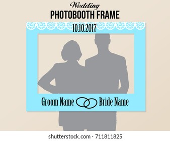  Photobooth wedding frame with date. Blue White and black colors vector template with white decorative element.