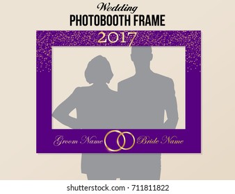  Photobooth Wedding Frame With Year And Groom Bride Names. Purple And Gold Colors Vector Template With Glitter And Rings.