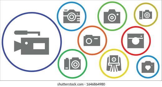 photocamera icon set. 9 filled photocamera icons. Included Camera icons
