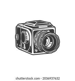 Photo-camera photography symbol isolated vintage cam with folding zoom lens or object-glass monochrome icon. Vector analog photocamera photo shooting device with lens screen, photographer instrument