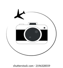 Fotocámara e icono del avión. Ilustración vectorial plana de la fotocámara. Aislado sobre fondo blanco.