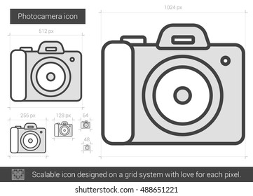 Icono de línea vectorial de cámara fotográfica aislado en fondo blanco. Icono de la línea de la cámara fotográfica para infografía, sitio web o aplicación. Icono escalable diseñado en un sistema de cuadrícula.