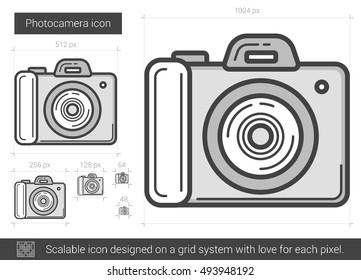 Photocamera vector line icon isolated on white background. Photocamera line icon for infographic, website or app. Scalable icon designed on a grid system.
