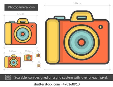 Photocamera vector line icon isolated on white background. Photocamera line icon for infographic, website or app. Scalable icon designed on a grid system.