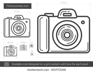 Icono de línea vectorial de cámara fotográfica aislado en fondo blanco. Icono de la línea de la cámara fotográfica para infografía, sitio web o aplicación. Icono escalable diseñado en un sistema de cuadrícula.