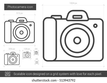 Photocamera vector line icon isolated on white background. Photocamera line icon for infographic, website or app. Scalable icon designed on a grid system.