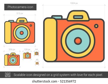 Photocamera vector line icon isolated on white background. Photocamera line icon for infographic, website or app. Scalable icon designed on a grid system.