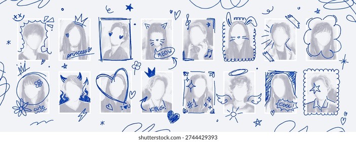 Photocard collage template with hand drawn doodles on photos, graduation yearbook layout. Graduating class school album pictures with pen scribbles, college graduation ceremony photo vector mockup
