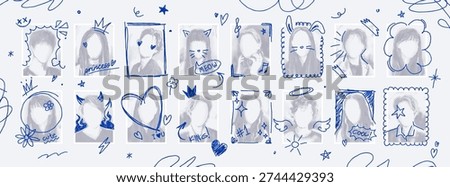 Photocard collage template with hand drawn doodles on photos, graduation yearbook layout. Graduating class school album pictures with pen scribbles, college graduation ceremony photo vector mockup