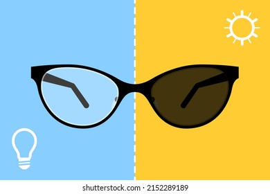 Photochromic Eyeglasses, Light Bulb Icon And Sun Icon. Concept Of Lenses Transition From Clear To Dark State, Darkening Of Photochromic Lenses Upon Exposure To Ultraviolet Rays In Sunlight