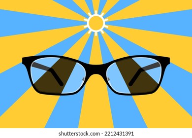 Photochromic eyeglasses, sun icon and sunbeams. Concept of lens color changing from dark to clear, darkening of photochromic lenses upon exposure to ultraviolet rays in sunlight