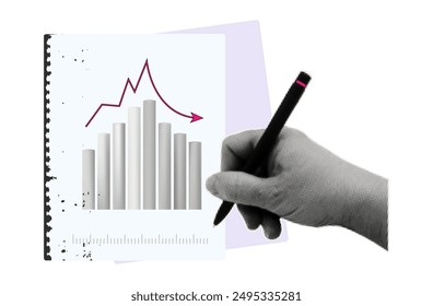 Photocopy of document, graph of decline in indicators. A woman's hand checks a business graph with pen. Contemporary collage art. 
Unprofitable diagram, copy, result, sample financial document. Vector