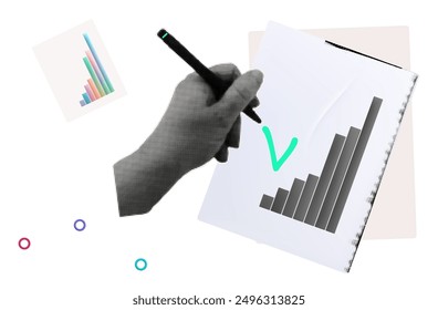 Photocopy, document with a green tick, copy, growing graph. Approval, successful result, job done correctly, kpi dashboard. A woman's hand checks a business graph with a pen. Contemporary collage art.