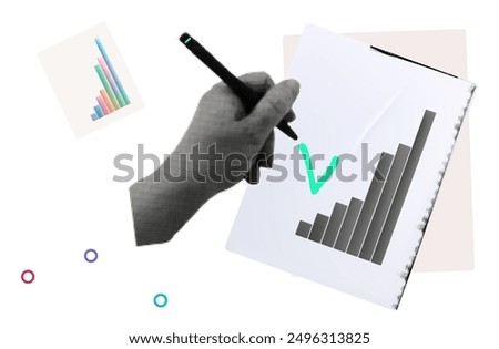 Photocopy, document with a green tick, copy, growing graph. Approval, successful result, job done correctly, kpi dashboard. A woman's hand checks a business graph with a pen. Contemporary collage art.