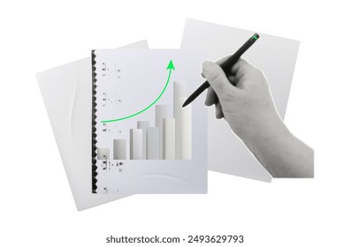 Photocopy of document with a growing schedule. A woman's hand checks a business graph with a pen. Contemporary collage art. Growing business diagram, copy, result, sample financial document. Vector.