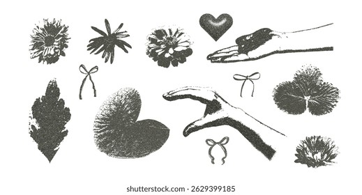 Photocopy effect female hands holding flowers collage set. Cutout opened arms palm with plants and bows for mixed media design. Pieces of retro newspaper elements. Vector retro illustration isolated.