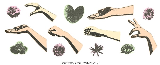 Photocopy effect female hands holding chrysanthemums flowers collage set. Cutout opened arms palm with plants. Pieces of retro newspaper elements. Vector retro illustration isolated.