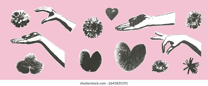 Photocopy effect female hands holding flowers collage set. Cutout opened arms palm with plants for mixed media design. Pieces of retro newspaper elements. Vector retro illustration isolated.